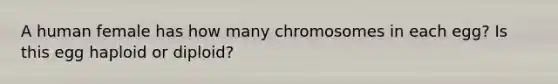 A human female has how many chromosomes in each egg? Is this egg haploid or diploid?