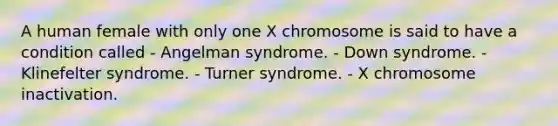 A human female with only one X chromosome is said to have a condition called - Angelman syndrome. - Down syndrome. - Klinefelter syndrome. - Turner syndrome. - X chromosome inactivation.