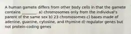 A human gamete differs from other body cells in that the gamete contains ________. a) chromosomes only from the individual's parent of the same sex b) 23 chromosomes c) bases made of adenine, guanine, cytosine, and thymine d) regulator genes but not protein-coding genes