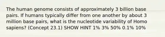 The human genome consists of approximately 3 billion base pairs. If humans typically differ from one another by about 3 million base pairs, what is the nucleotide variability of Homo sapiens? (Concept 23.1) SHOW HINT 1% 3% 50% 0.1% 10%