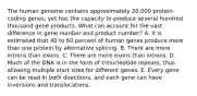 The human genome contains approximately 20,000 protein-coding genes, yet has the capacity to produce several hundred thousand gene products. What can account for the vast difference in gene number and product number? A. It is estimated that 40 to 60 percent of human genes produce more than one protein by alternative splicing. B. There are more introns than exons. C. There are more exons than introns. D. Much of the DNA is in the form of trinucleotide repeats, thus allowing multiple start sites for different genes. E. Every gene can be read in both directions, and each gene can have inversions and translocations.