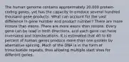 The human genome contains approximately 20,000 protein-coding genes, yet has the capacity to produce several hundred thousand gene products. What can account for the vast difference in gene number and product number? There are more introns than exons. There are more exons than introns. Every gene can be read in both directions, and each gene can have inversions and translocations. It is estimated that 40 to 60 percent of human genes produce more than one protein by alternative splicing. Much of the DNA is in the form of trinucleotide repeats, thus allowing multiple start sites for different genes.