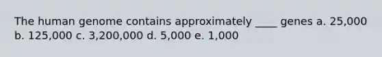 The human genome contains approximately ____ genes a. 25,000 b. 125,000 c. 3,200,000 d. 5,000 e. 1,000