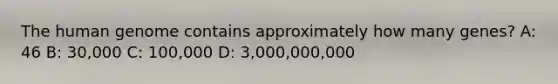 The human genome contains approximately how many genes? A: 46 B: 30,000 C: 100,000 D: 3,000,000,000