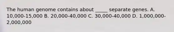 The human genome contains about _____ separate genes. A. 10,000-15,000 B. 20,000-40,000 C. 30,000-40,000 D. 1,000,000-2,000,000