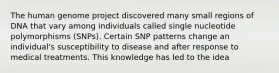 The human genome project discovered many small regions of DNA that vary among individuals called single nucleotide polymorphisms (SNPs). Certain SNP patterns change an individual's susceptibility to disease and after response to medical treatments. This knowledge has led to the idea