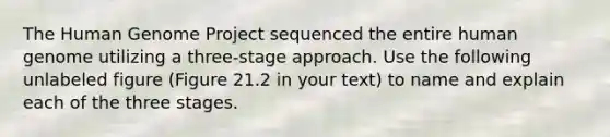 The Human Genome Project sequenced the entire human genome utilizing a three-stage approach. Use the following unlabeled figure (Figure 21.2 in your text) to name and explain each of the three stages.