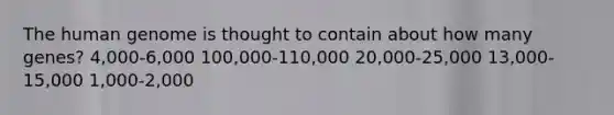 The human genome is thought to contain about how many genes? 4,000-6,000 100,000-110,000 20,000-25,000 13,000-15,000 1,000-2,000