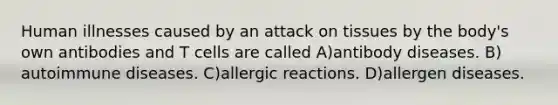 Human illnesses caused by an attack on tissues by the body's own antibodies and T cells are called ​A)​antibody diseases. ​B)​autoimmune diseases. ​C)​allergic reactions. ​D)​allergen diseases.