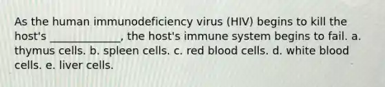 As the human immunodeficiency virus (HIV) begins to kill the host's _____________, the host's immune system begins to fail. a. thymus cells. b. spleen cells. c. red blood cells. d. white blood cells. e. liver cells.