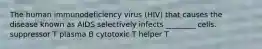 The human immunodeficiency virus (HIV) that causes the disease known as AIDS selectively infects ________ cells. suppressor T plasma B cytotoxic T helper T