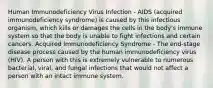 Human Immunodeficiency Virus Infection - AIDS (acquired immunodeficiency syndrome) is caused by this infectious organism, which kills or damages the cells in the body's immune system so that the body is unable to fight infections and certain cancers. Acquired Immunodeficiency Syndrome - The end-stage disease process caused by the human immunodeficiency virus (HIV). A person with this is extremely vulnerable to numerous bacterial, viral, and fungal infections that would not affect a person with an intact immune system.