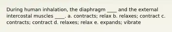 During human inhalation, the diaphragm ____ and the external intercostal muscles ____. a. contracts; relax b. relaxes; contract c. contracts; contract d. relaxes; relax e. expands; vibrate