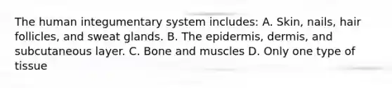 The human integumentary system includes: A. Skin, nails, hair follicles, and sweat glands. B. The epidermis, dermis, and subcutaneous layer. C. Bone and muscles D. Only one type of tissue