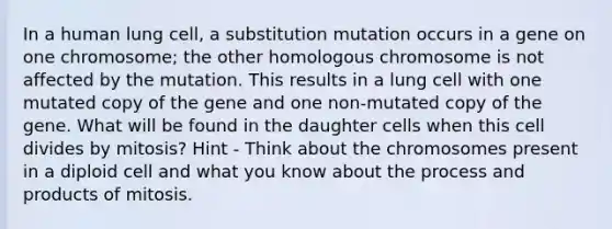 In a human lung cell, a substitution mutation occurs in a gene on one chromosome; the other homologous chromosome is not affected by the mutation. This results in a lung cell with one mutated copy of the gene and one non-mutated copy of the gene. What will be found in the daughter cells when this cell divides by mitosis? Hint - Think about the chromosomes present in a diploid cell and what you know about the process and products of mitosis.