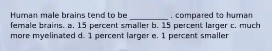 Human male brains tend to be __________ . compared to human female brains. a. 15 percent smaller b. 15 percent larger c. much more myelinated d. 1 percent larger e. 1 percent smaller