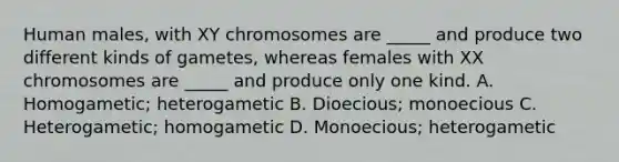 Human males, with XY chromosomes are _____ and produce two different kinds of gametes, whereas females with XX chromosomes are _____ and produce only one kind. A. Homogametic; heterogametic B. Dioecious; monoecious C. Heterogametic; homogametic D. Monoecious; heterogametic