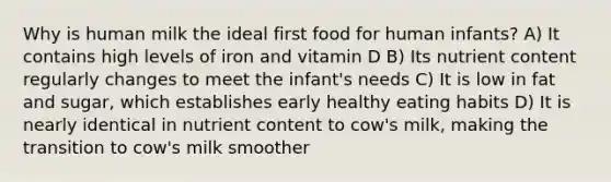 Why is human milk the ideal first food for human infants? A) It contains high levels of iron and vitamin D B) Its nutrient content regularly changes to meet the infant's needs C) It is low in fat and sugar, which establishes early healthy eating habits D) It is nearly identical in nutrient content to cow's milk, making the transition to cow's milk smoother