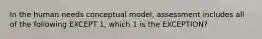 In the human needs conceptual model, assessment includes all of the following EXCEPT 1, which 1 is the EXCEPTION?