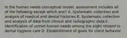 In the human needs conceptual model, assessment includes all of the following except which one? A. Systematic collection and analysis of medical and dental histories B. Systematic collection and analysis of data from clinical and radiographic data C. Identification of unmet human needs among the eight related to dental hygiene care D. Establishment of goals for client behavior