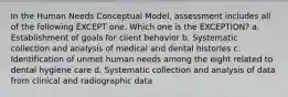 In the Human Needs Conceptual Model, assessment includes all of the following EXCEPT one. Which one is the EXCEPTION? a. Establishment of goals for client behavior b. Systematic collection and analysis of medical and dental histories c. Identification of unmet human needs among the eight related to dental hygiene care d. Systematic collection and analysis of data from clinical and radiographic data