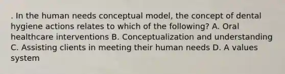 . In the human needs conceptual model, the concept of dental hygiene actions relates to which of the following? A. Oral healthcare interventions B. Conceptualization and understanding C. Assisting clients in meeting their human needs D. A values system