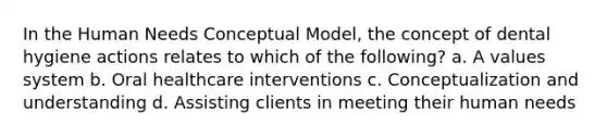 In the Human Needs Conceptual Model, the concept of dental hygiene actions relates to which of the following? a. A values system b. Oral healthcare interventions c. Conceptualization and understanding d. Assisting clients in meeting their human needs