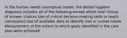 In the human needs conceptual model, the dental hygiene diagnosis includes all of the following except which one? Group of answer choices Use of critical decision-making skills to reach conclusions Use of available data to identify met or unmet needs Measurement of the extent to which goals identified in the care plan were achieved