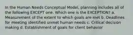 In the Human Needs Conceptual Model, planning includes all of the following EXCEPT one. Which one is the EXCEPTION? a. Measurement of the extent to which goals are met b. Deadlines for meeting identified unmet human needs c. Critical decision making d. Establishment of goals for client behavior