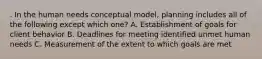 . In the human needs conceptual model, planning includes all of the following except which one? A. Establishment of goals for client behavior B. Deadlines for meeting identified unmet human needs C. Measurement of the extent to which goals are met