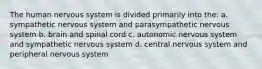 The human nervous system is divided primarily into the: a. sympathetic nervous system and parasympathetic nervous system b. brain and spinal cord c. autonomic nervous system and sympathetic nervous system d. central nervous system and peripheral nervous system