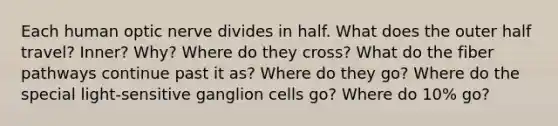 Each human optic nerve divides in half. What does the outer half travel? Inner? Why? Where do they cross? What do the fiber pathways continue past it as? Where do they go? Where do the special light-sensitive ganglion cells go? Where do 10% go?