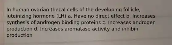 In human ovarian thecal cells of the developing follicle, luteinizing hormone (LH) a. Have no direct effect b. Increases synthesis of androgen binding proteins c. Increases androgen production d. Increases aromatase activity and inhibin production