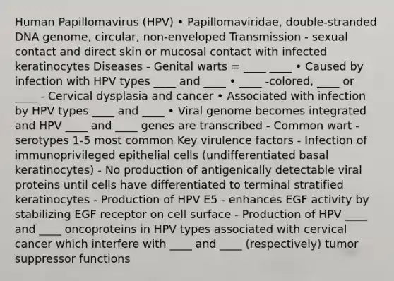 Human Papillomavirus (HPV) • Papillomaviridae, double-stranded DNA genome, circular, non-enveloped Transmission - sexual contact and direct skin or mucosal contact with infected keratinocytes Diseases - Genital warts = ____ ____ • Caused by infection with HPV types ____ and ____ • ____ -colored, ____ or ____ - Cervical dysplasia and cancer • Associated with infection by HPV types ____ and ____ • Viral genome becomes integrated and HPV ____ and ____ genes are transcribed - Common wart - serotypes 1-5 most common Key virulence factors - Infection of immunoprivileged epithelial cells (undifferentiated basal keratinocytes) - No production of antigenically detectable viral proteins until cells have differentiated to terminal stratified keratinocytes - Production of HPV E5 - enhances EGF activity by stabilizing EGF receptor on cell surface - Production of HPV ____ and ____ oncoproteins in HPV types associated with cervical cancer which interfere with ____ and ____ (respectively) tumor suppressor functions