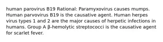 human parovirus B19 Rational: Paramyxovirus causes mumps. Human parvovirus B19 is the causative agent. Human herpes virus types 1 and 2 are the major causes of herpetic infections in humans. Group A β-hemolytic streptococci is the causative agent for scarlet fever.