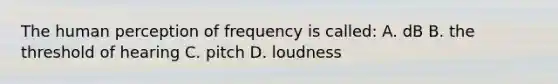 The human perception of frequency is called: A. dB B. the threshold of hearing C. pitch D. loudness