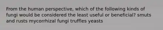 From the human perspective, which of the following kinds of fungi would be considered the least useful or beneficial? smuts and rusts mycorrhizal fungi truffles yeasts