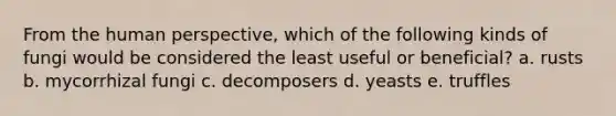 From the human perspective, which of the following kinds of fungi would be considered the least useful or beneficial? a. rusts b. mycorrhizal fungi c. decomposers d. yeasts e. truffles