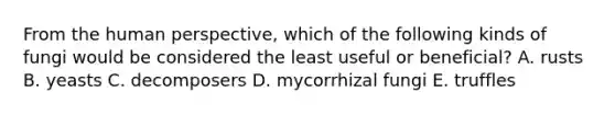 From the human perspective, which of the following kinds of fungi would be considered the least useful or beneficial? A. rusts B. yeasts C. decomposers D. mycorrhizal fungi E. truffles