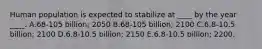 Human population is expected to stabilize at ____ by the year ____. A.68-105 billion; 2050 B.68-105 billion; 2100 C.6.8-10.5 billion; 2100 D.6.8-10.5 billion; 2150 E.6.8-10.5 billion; 2200.