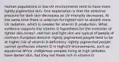 Human populations in low-UV environments tend to have more lightly pigmented skin. One explanation is that the selective pressure for dark skin decreases as UV intensity decreases. At the same time there is selection for lighter skin to absorb more UV radiation, which is needed for vitamin D production. What evidence supports the vitamin D hypothesis for the evolution of lighter skin tones? -red hair and light skin are typical of people of northern European descent -lightly pigmented people tend to be at higher risk of vitamin D deficiency -lightly pigmented people cannot synthesize vitamin D in high-UV environments, such as equatorial Africa -indigenous peoples living at high latitudes have darker skin, but they eat foods rich in vitamin D