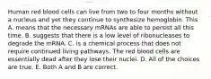 Human red blood cells can live from two to four months without a nucleus and yet they continue to synthesize hemoglobin. This A. means that the necessary mRNAs are able to persist all this time. B. suggests that there is a low level of ribonucleases to degrade the mRNA. C. is a chemical process that does not require continued living pathways. The red blood cells are essentially dead after they lose their nuclei. D. All of the choices are true. E. Both A and B are correct.