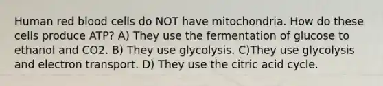 Human red blood cells do NOT have mitochondria. How do these cells produce ATP? A) They use the fermentation of glucose to ethanol and CO2. B) They use glycolysis. C)They use glycolysis and electron transport. D) They use the citric acid cycle.