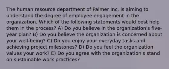 The human resource department of Palmer Inc. is aiming to understand the degree of employee engagement in the organization. Which of the following statements would best help them in the process? A) Do you believe in the organization's five-year plan? B) Do you believe the organization is concerned about your well-being? C) Do you enjoy your everyday tasks and achieving project milestones? D) Do you feel the organization values your work? E) Do you agree with the organization's stand on sustainable work practices?