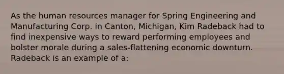 As the human resources manager for Spring Engineering and Manufacturing Corp. in Canton, Michigan, Kim Radeback had to find inexpensive ways to reward performing employees and bolster morale during a sales-flattening economic downturn. Radeback is an example of a: