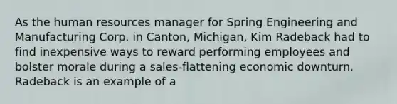 As the human resources manager for Spring Engineering and Manufacturing Corp. in Canton, Michigan, Kim Radeback had to find inexpensive ways to reward performing employees and bolster morale during a sales-flattening economic downturn. Radeback is an example of a