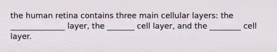 the human retina contains three main cellular layers: the ______________ layer, the _______ cell layer, and the ________ cell layer.