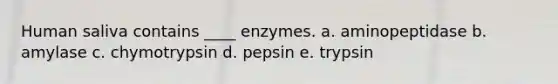 Human saliva contains ____ enzymes. a. aminopeptidase b. amylase c. chymotrypsin d. pepsin e. trypsin