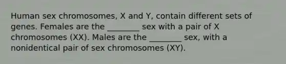 Human sex chromosomes, X and Y, contain different sets of genes. Females are the ________ sex with a pair of X chromosomes (XX). Males are the ________ sex, with a nonidentical pair of sex chromosomes (XY).