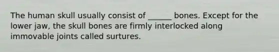 The human skull usually consist of ______ bones. Except for the lower jaw, the skull bones are firmly interlocked along immovable joints called surtures.